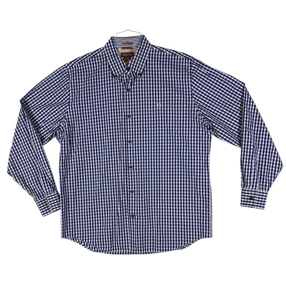 Michael Kors Mens Blue White Gingham Button Down Shirt 100% 80s 2 Ply Cotton L